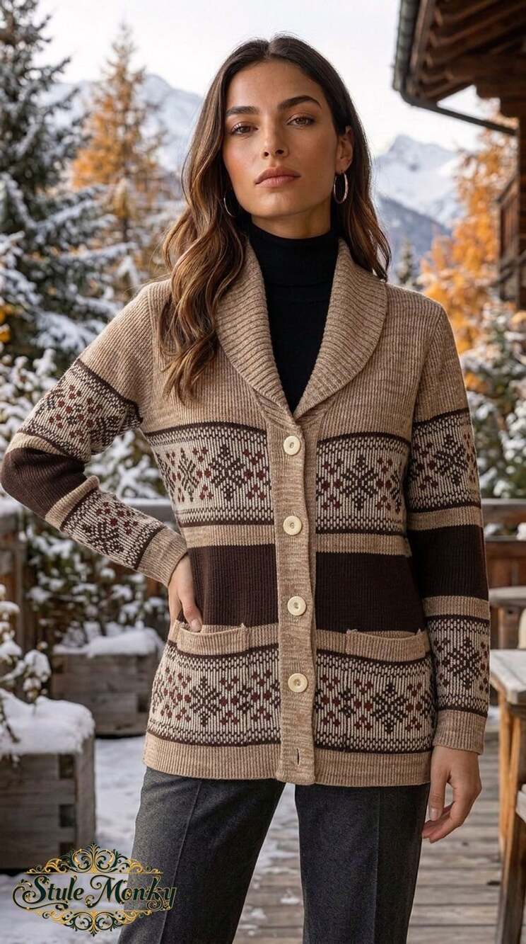Vintage Fair Isle Shawl Cardigan Size 36 Brown Tan Knit Sweater